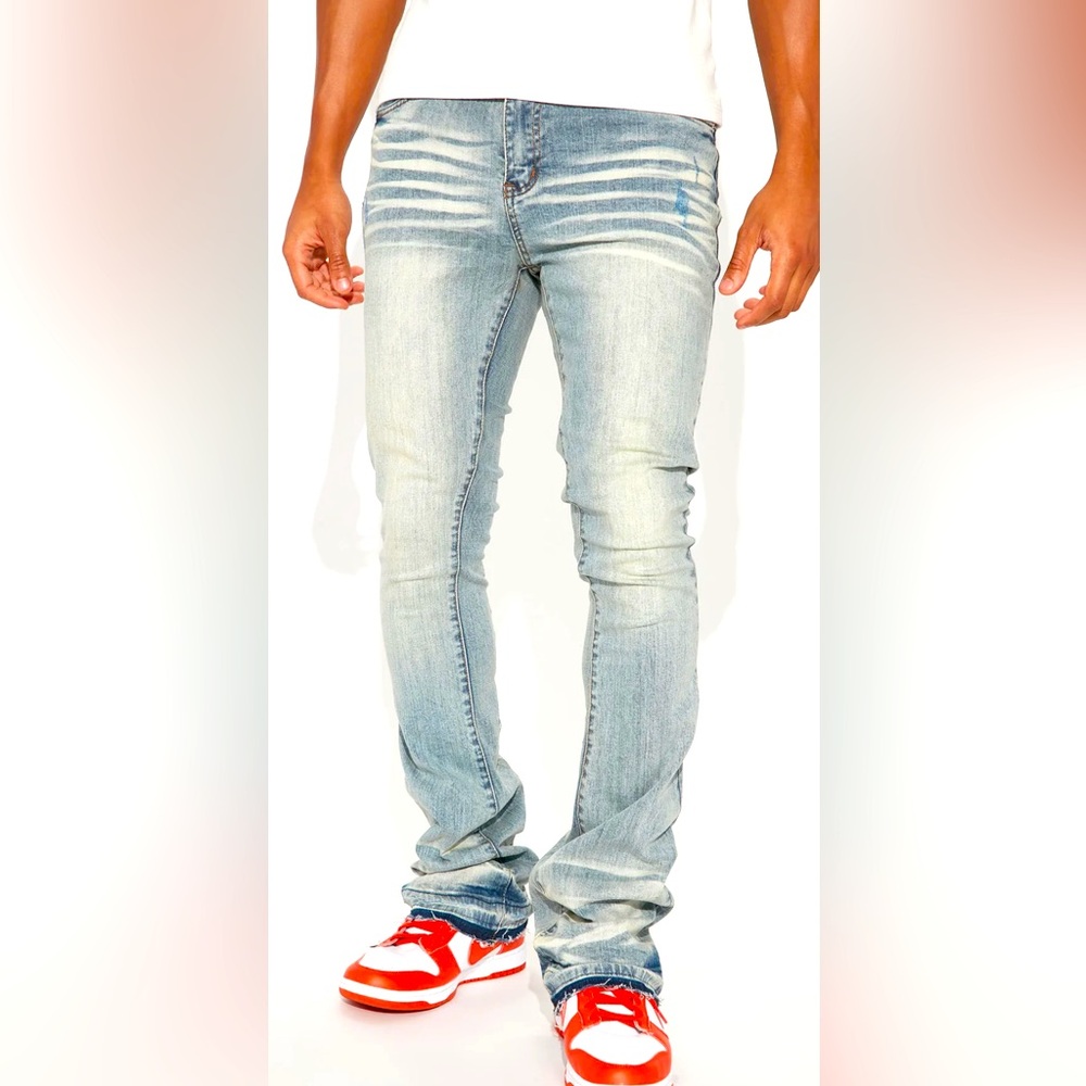 NovaMen Ruthless Vertical Embroidered Wide Leg Stacked Denim Pants Light Wash 38